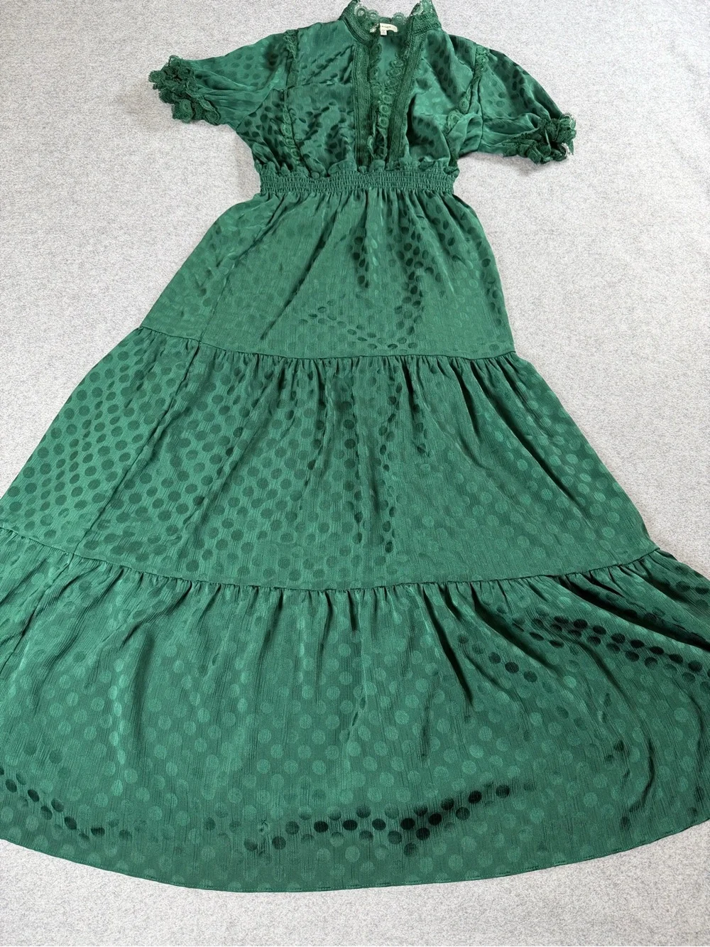 Max Studio Emerald Sheer Lace Satin Polka Dot Tiered Maxi Dress Forest Goddess - Picture 3 of 16